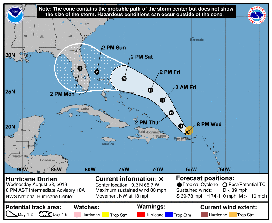 Dorian se convierte en huracán y amenaza Puerto Rico y Florida