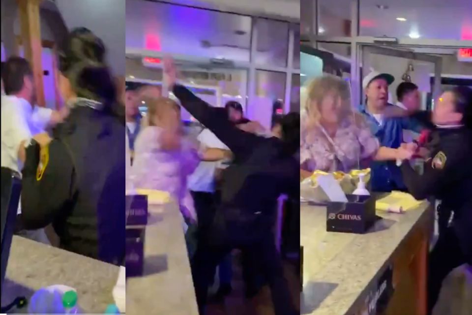 Mujer policía da una golpiza a sujeto y noquea a señora durante pelea en restaurante